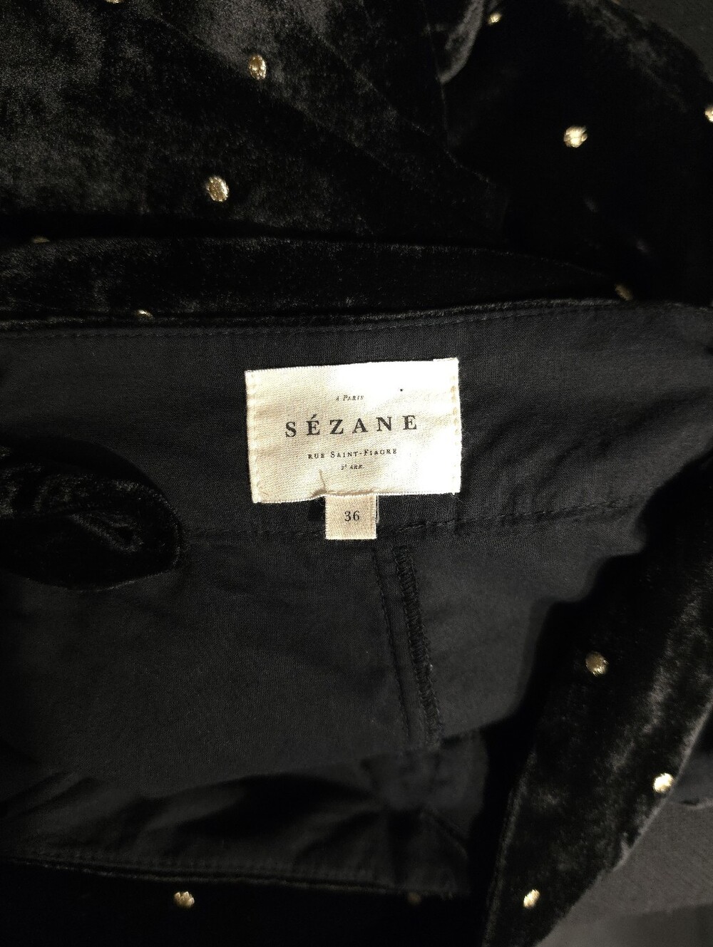 Sézane Siloe Black Velvet Gold Polka Dot Embroidered Overalls Suspenders - Picture 4 of 9